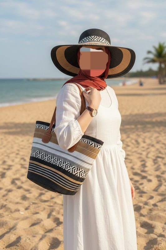 طقم حقيبة نسائية صيفية+قبعة أنيقة بتصميم قش منسوج